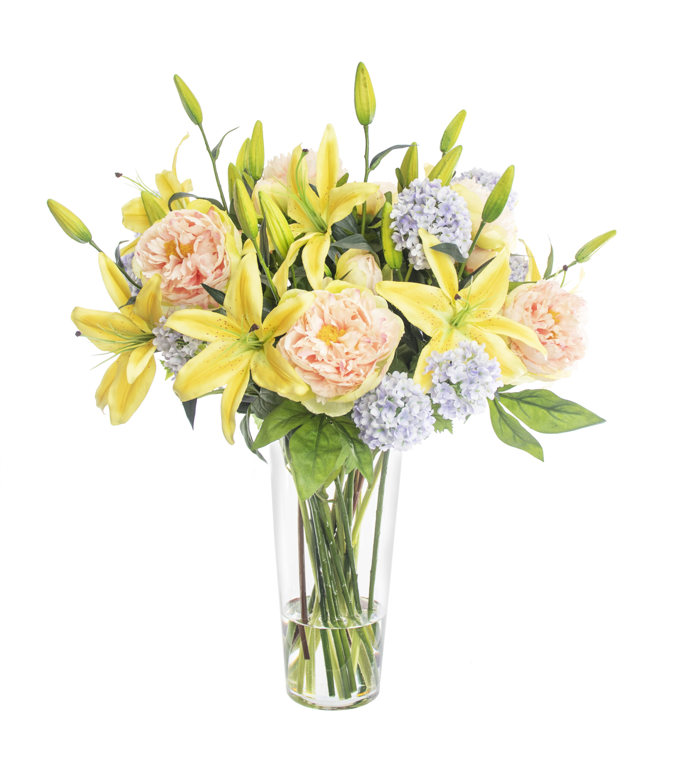 A mixed bunch consisting of pink peonies, yellow lillies and blue hydrangeas.